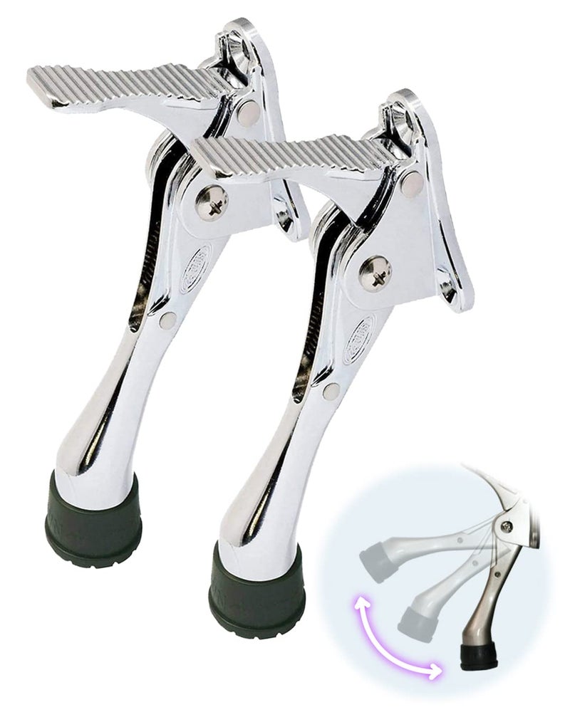 Hashi One Touch Kickdown Door Stopper, Door Holder, Heavy Duty Door Stops, Bottom of Door, Height-Adjustable Rubber Tips by HASHI (Chrome 4 inch x 2pack) - Image 1